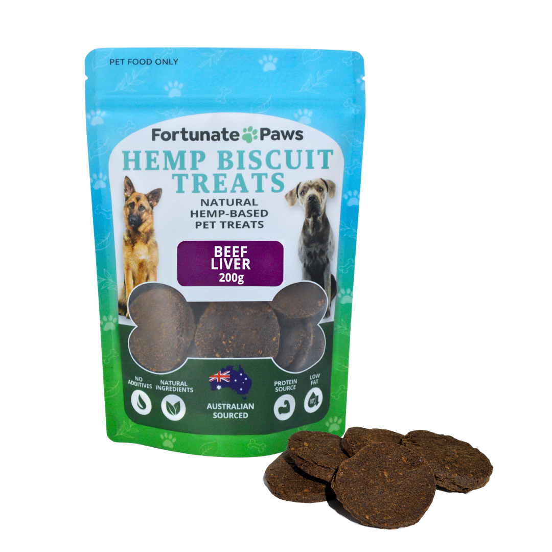 Fortunate Paws Hemp Biscuit Treats packaging with beef liver flavor on a white background
