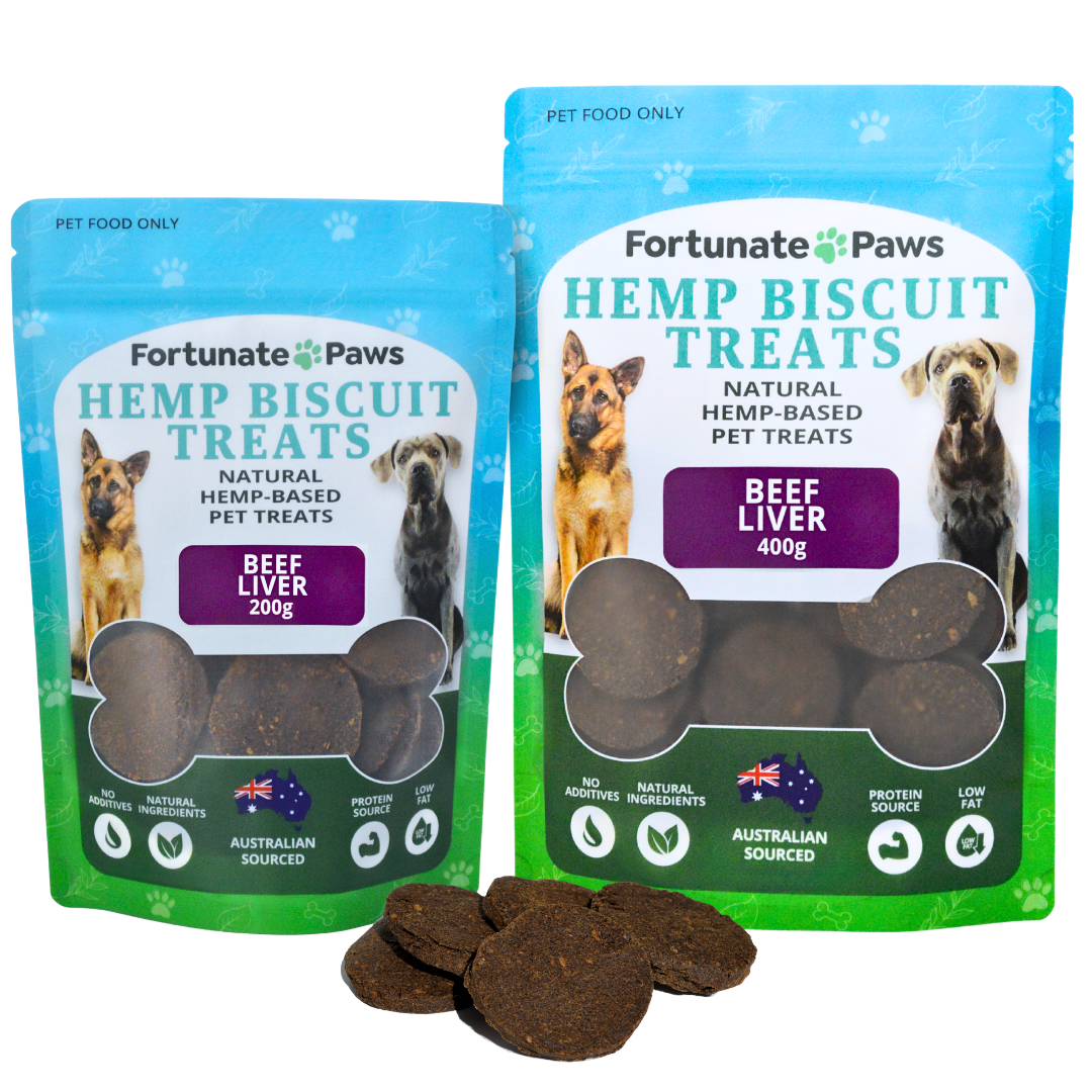 Two packages of Fortunate Paws Hemp Biscuit Treats with beef liver flavor on a white background.
