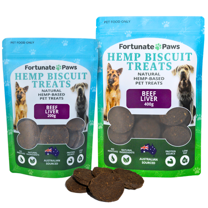 Two packages of Fortunate Paws Hemp Biscuit Treats with beef liver flavor on a white background.