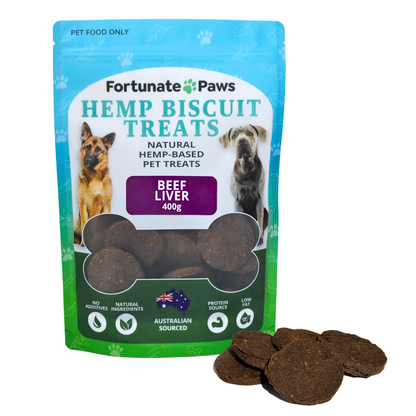 Fortunate Paws Hemp Biscuit Treats packaging with treats in front on a white background