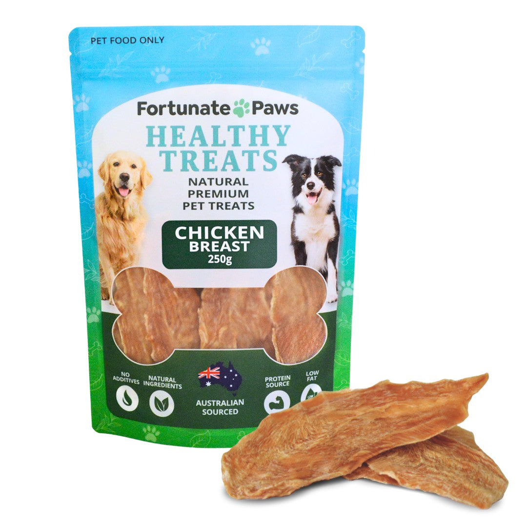 FortunatePaws healthy treats packaging with chicken breast treats on a white background