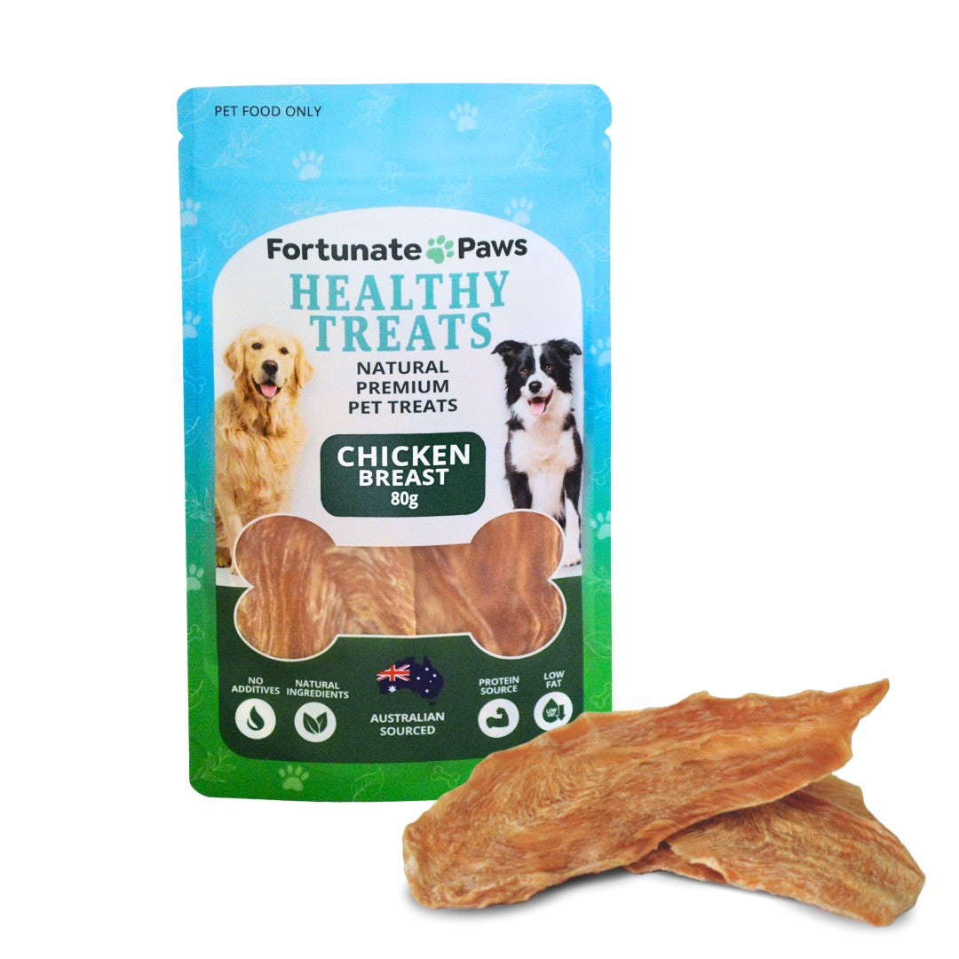 FortunatePaws Healthy Pet Treats packaging with chicken breast treats on a white background