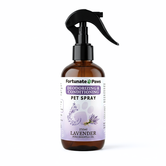 Amber spray bottle labeled 'Fortunate Paws' with lavender design on a white background