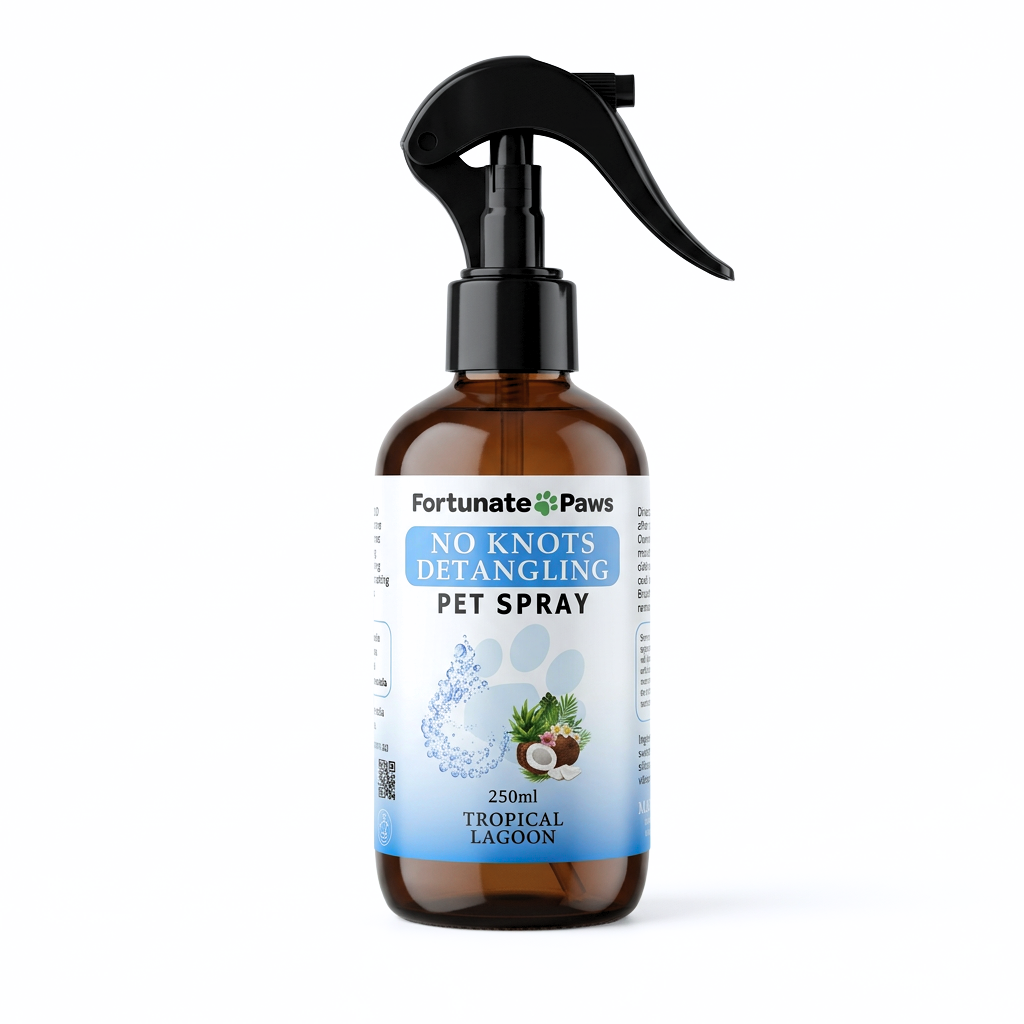 Amber spray bottle of Fortunate Paws No Knots Detangling Pet Spray on a white background