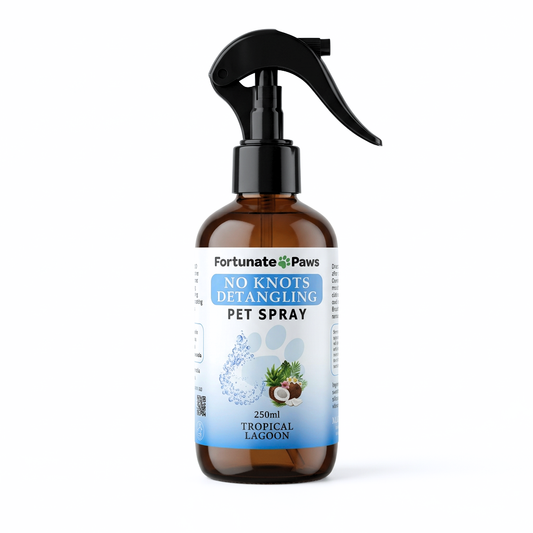 Amber spray bottle of Fortunate Paws No Knots Detangling Pet Spray on a white background