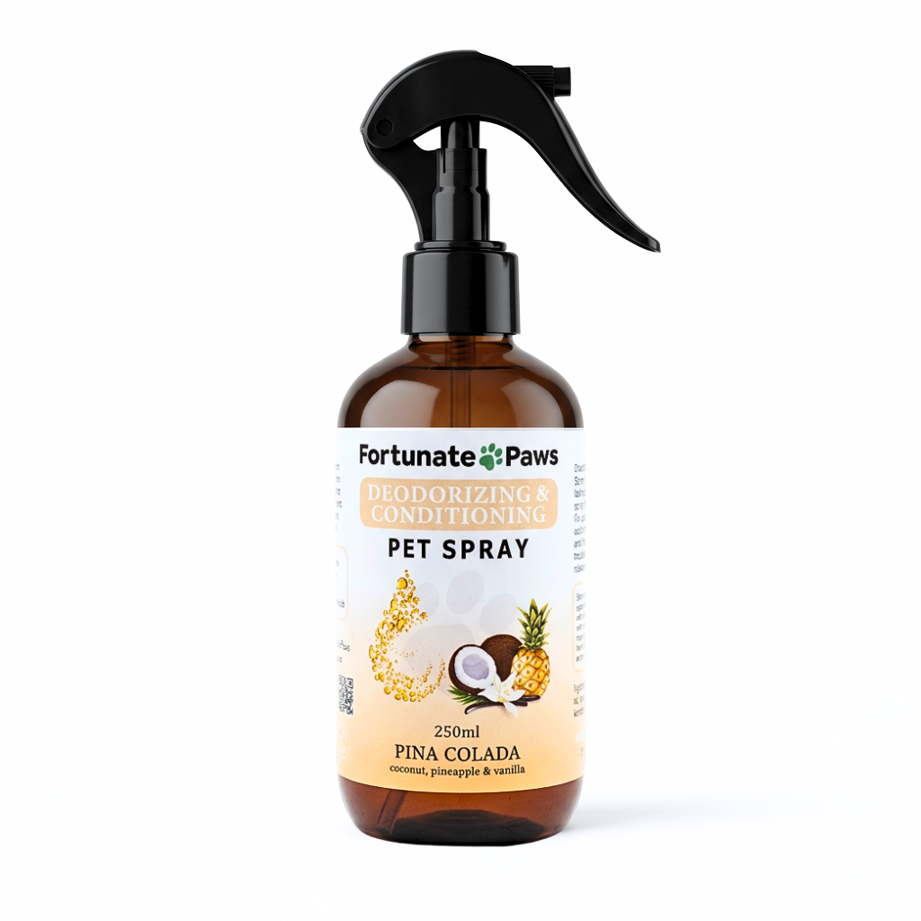 Amber bottle of Fortunate Paws Pina colada pet spray with a label on a white background