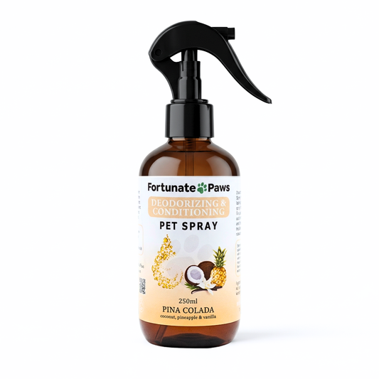 Amber bottle of Fortunate Paws Pina colada pet spray with a label on a white background