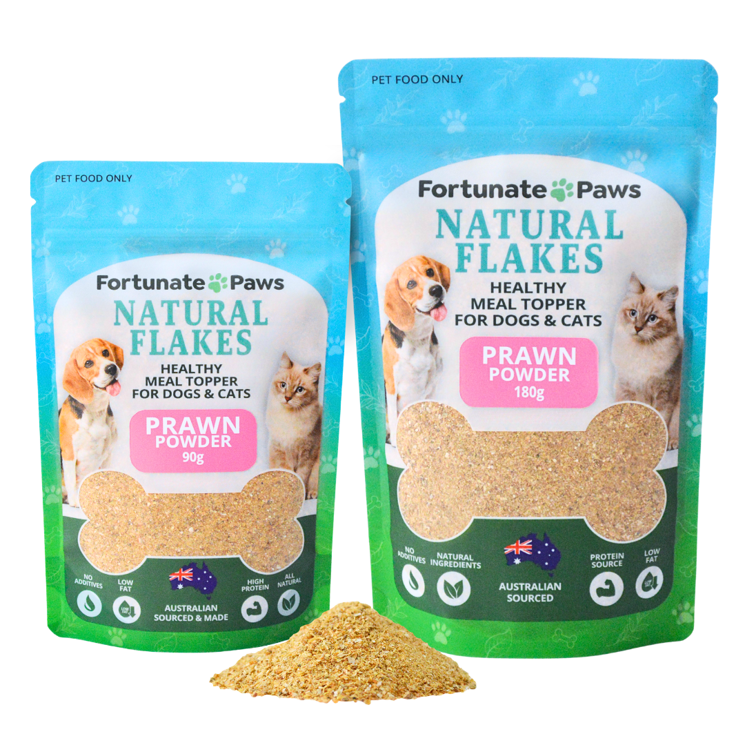 Two packages of Fortunate Paws Natural Flakes with prawn powder on a white background