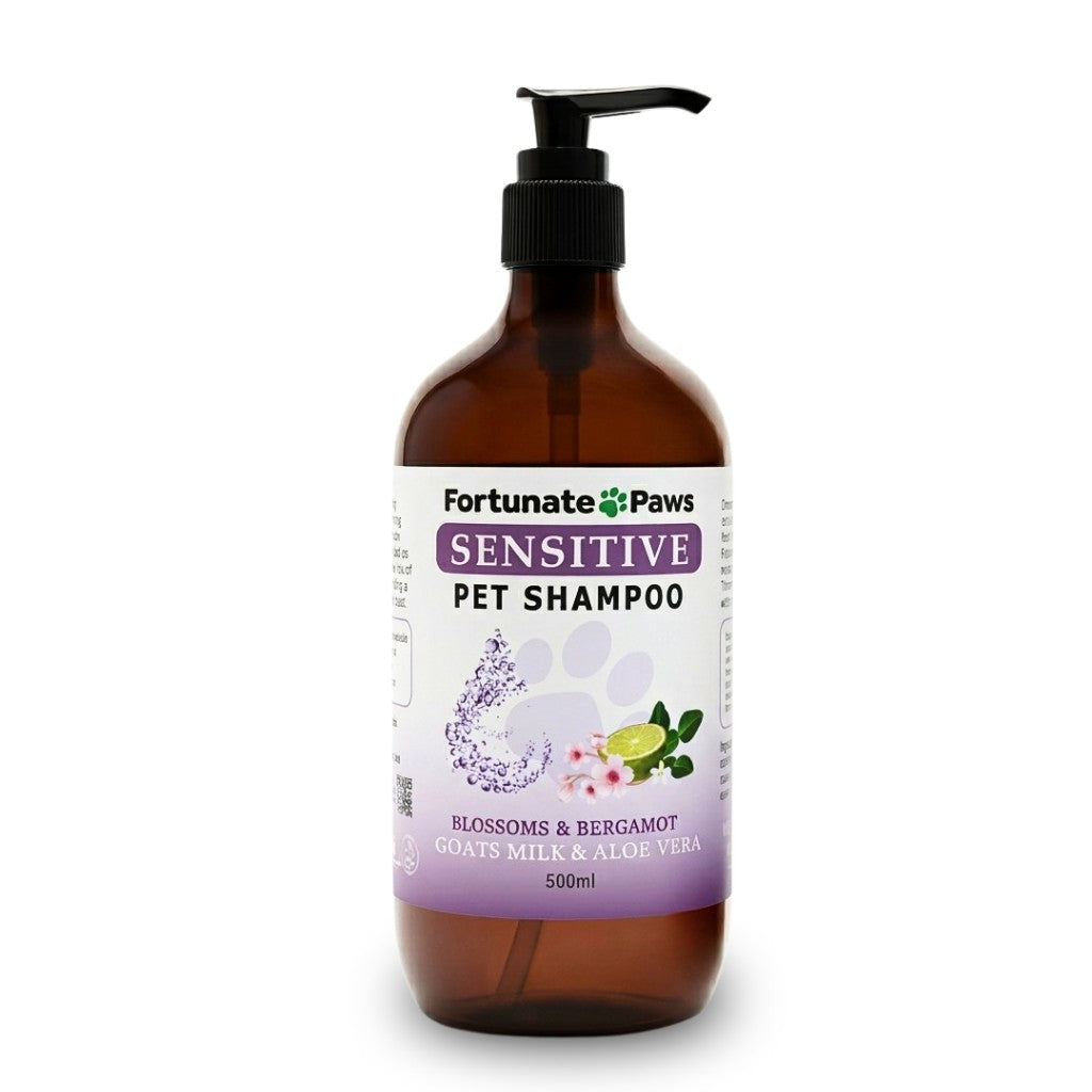 500ml Brown bottle of Fortunate Paws Sensitive Pet Shampoo on a white background