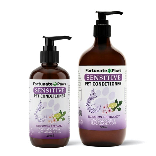 Two bottles of Fortunate Paws Sensitive Pet Conditioner on a white background