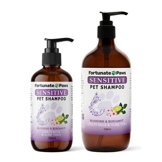 Two bottles of Fortunate Paws Sensitive Pet Shampoo on a white background