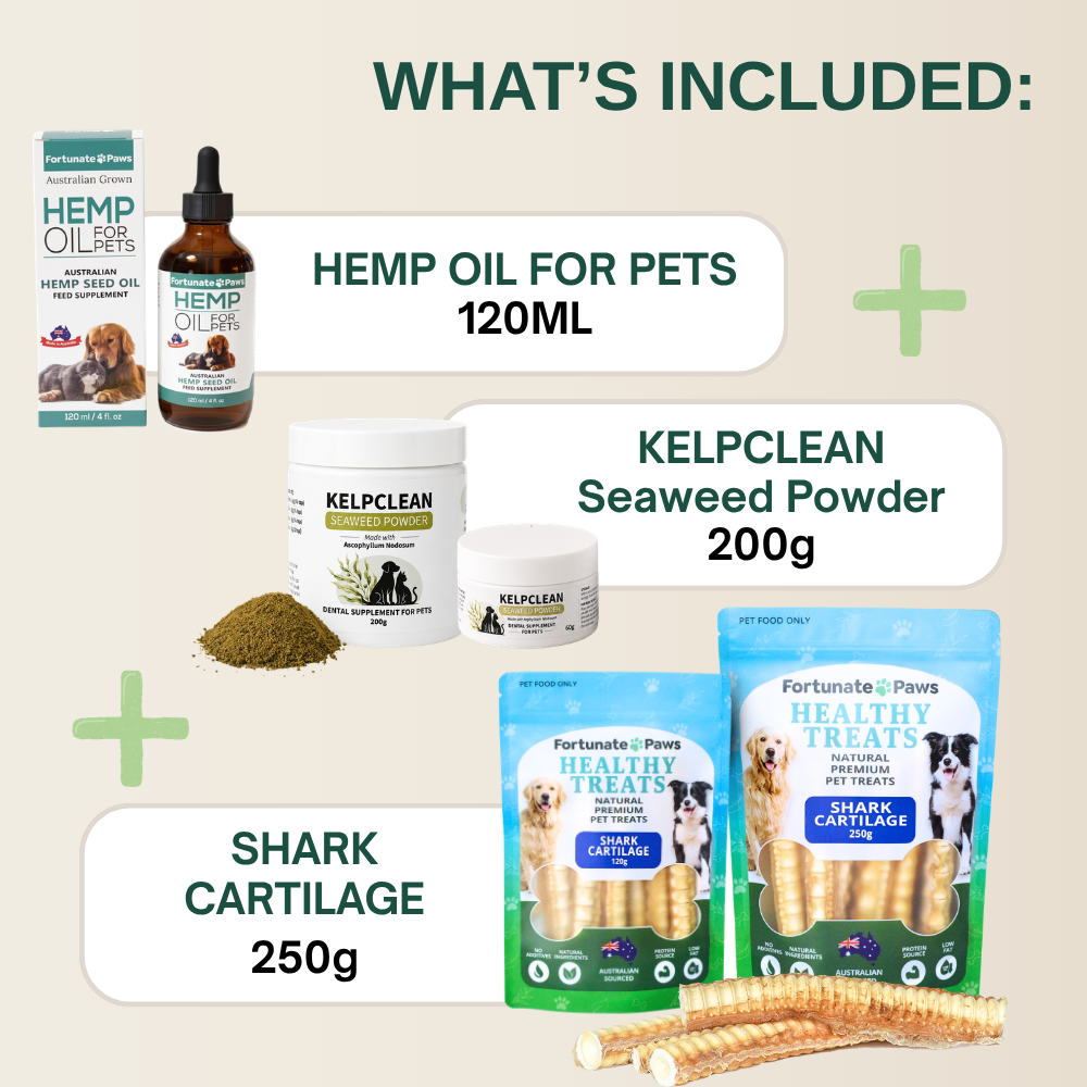 A product bundle graphic showing included pet supplements and treats: a bottle of hemp oil for pets, Kelpclean seaweed powder, and Fortunate Paws healthy dog treats.